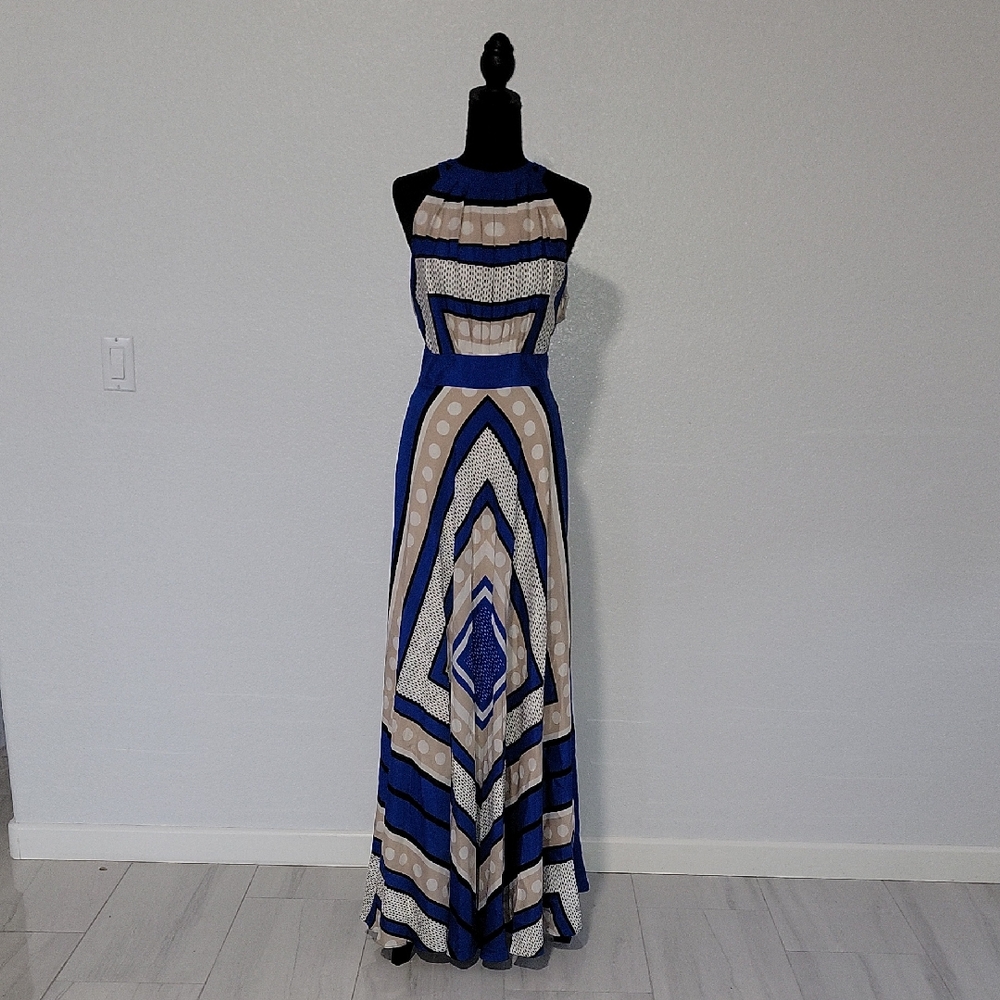 Eliza J Geometric Blue and Tan Maxi Dress